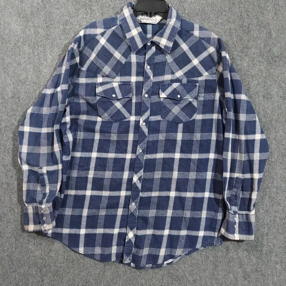 Sheplers Shirt Mens Large Blue White Plaid Western Pearl Snap Flannel Cowboy - Picture 4 of 8